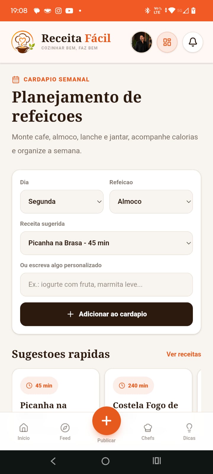 Cardápio semanal com calorias e proteína