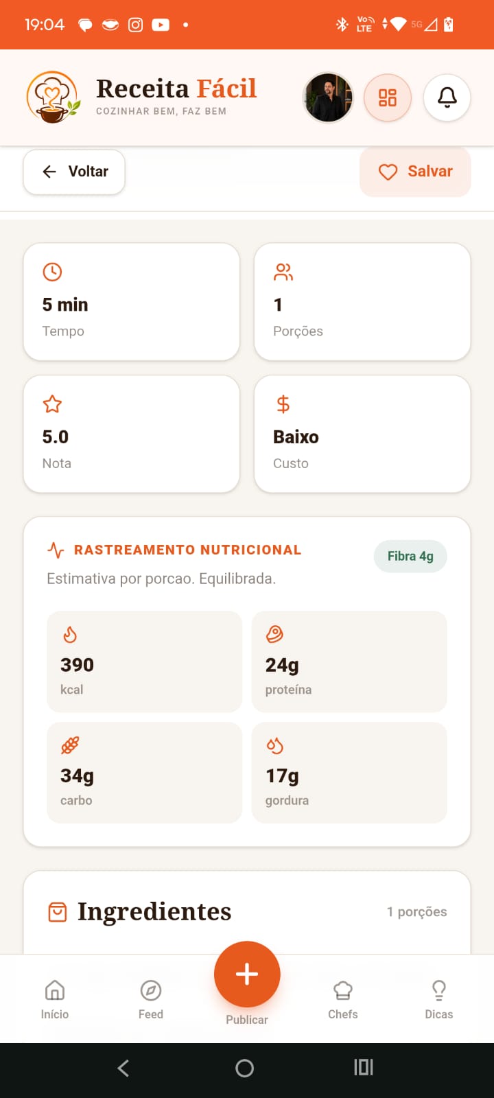Tempo, porções, custo e nutrição por prato